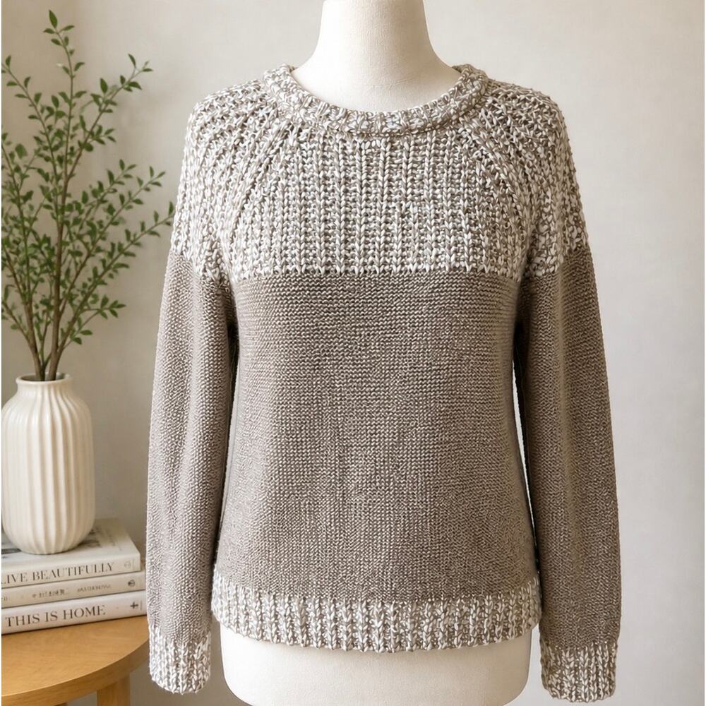 Cozy Neutral Knit Sweater Taupe Cream Colorblock Minimalist Small Spring Capsule